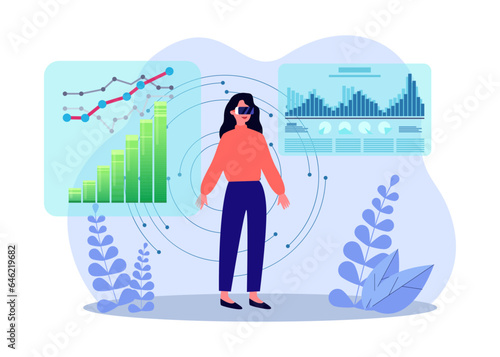 Girl in VR headset looking at finance charts vector illustration. Cartoon drawing of businesswoman in VR glasses studying graphs. Virtual reality, technology, finances concept