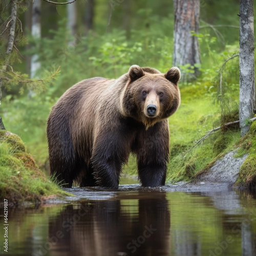 close wild big brown bear near a forest lake