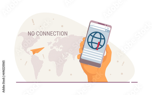 Hand holding smartphone with no internet vector illustration. World map with no connection, inaccessible and expensive internet services. Lack of network access, technology concept