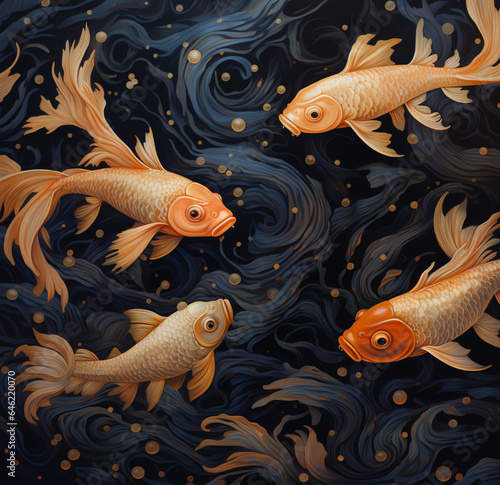 Intricately Shaded Goldfish Amid Golden Patterns in Muted Blues and Blacks