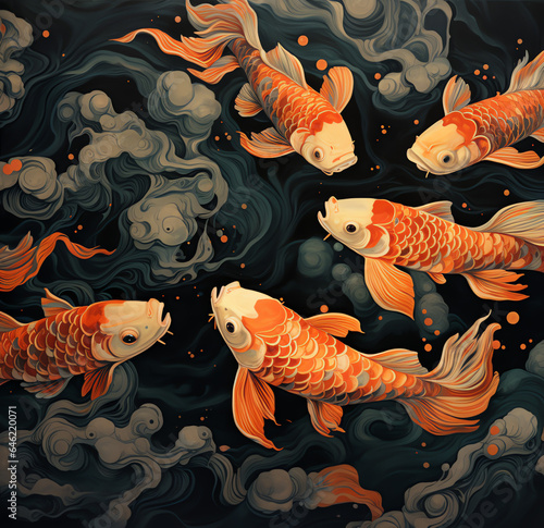 Artistic Fusion of Organic Material and Goldfish  Moody Aquatic Scene