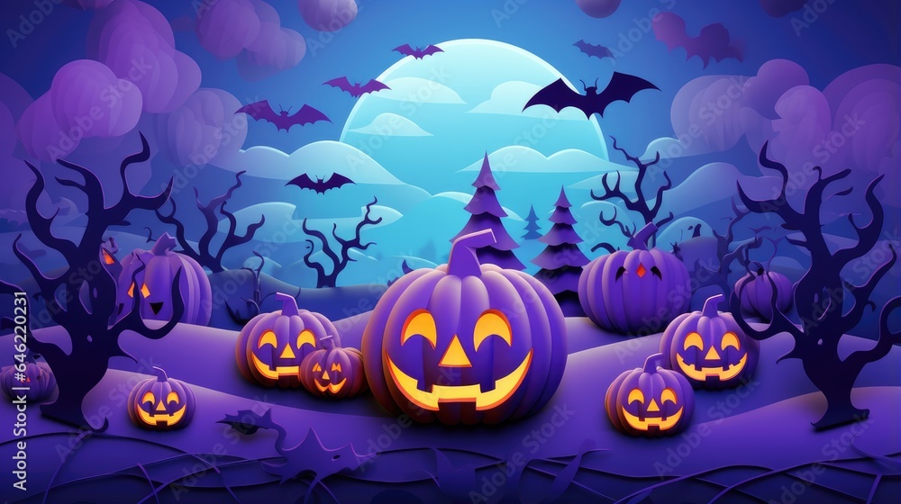 halloween with pumpkin party border. Halloween purple paper cut banner