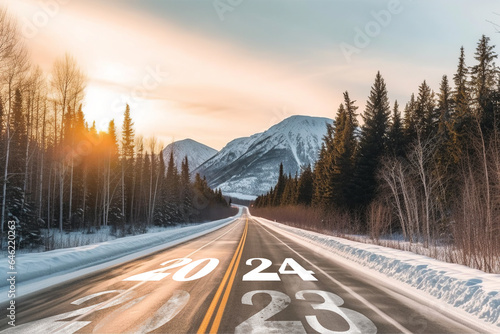 2024 new year road concept, beautiful street avenue leading to a big mountain, nature, change and new challenge concept © Alan
