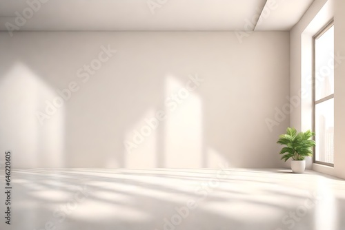 Minimalist empty room with beige and white backgrounds  concrete floor  sun ray  cozy home  indoor plant. Copy space area for office and living rooms. 3d rendering