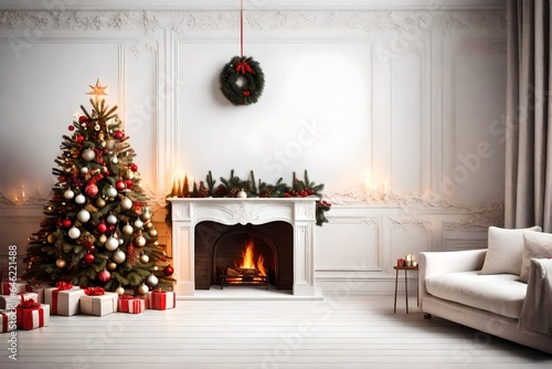 Festive Christmas interior with fireplace and Christmas tree white background copy space for text