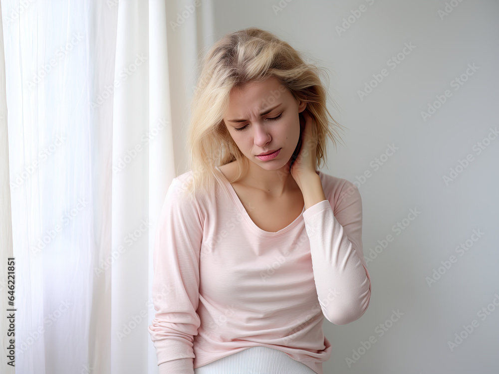 Blond Woman in Pink Suffers from Headache Blond Woman in Pink Suffers from Headache