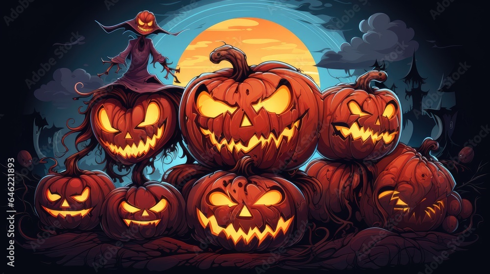 halloween pumpkins under the moonlight. dark night forest full moon. graveyard silhouette halloween abstract background