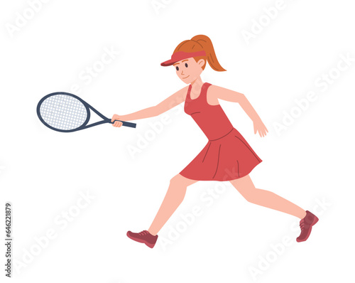 Female tennis player with racket in red dress and cap, flat vector isolated.
