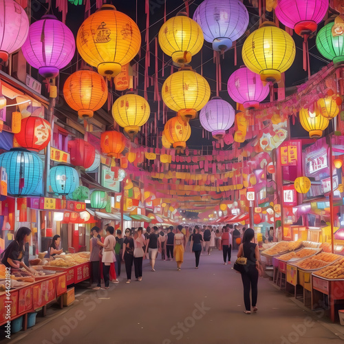 Food market decorated with lanterns