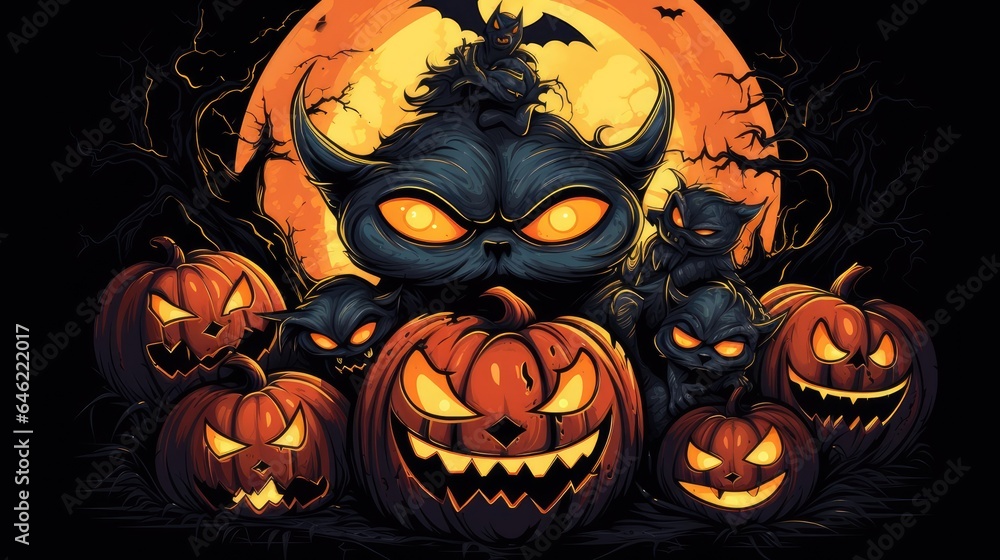 halloween pumpkins with cat under the moonlight. dark night forest full moon. graveyard silhouette halloween abstract background