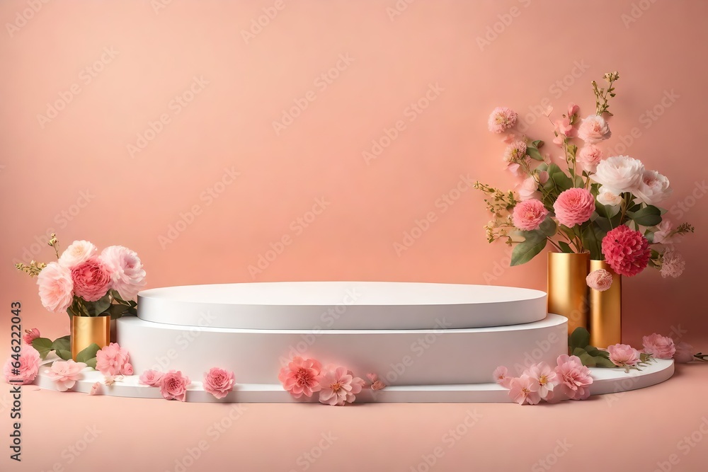 3d illustration of empty short pedestal podium surrounded by flowers, in the style of clean reklamn fotografie, clean backdrops, minimalismy 3d illustration of empty short pedestal podium surrounded by flowers, in the style of clean reklamn fotografie, clean backdrops, minimalismy