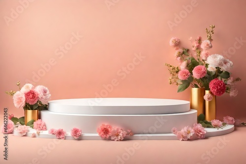 3d illustration of empty short pedestal podium surrounded by flowers, in the style of clean reklamn fotografie, clean backdrops, minimalismy
