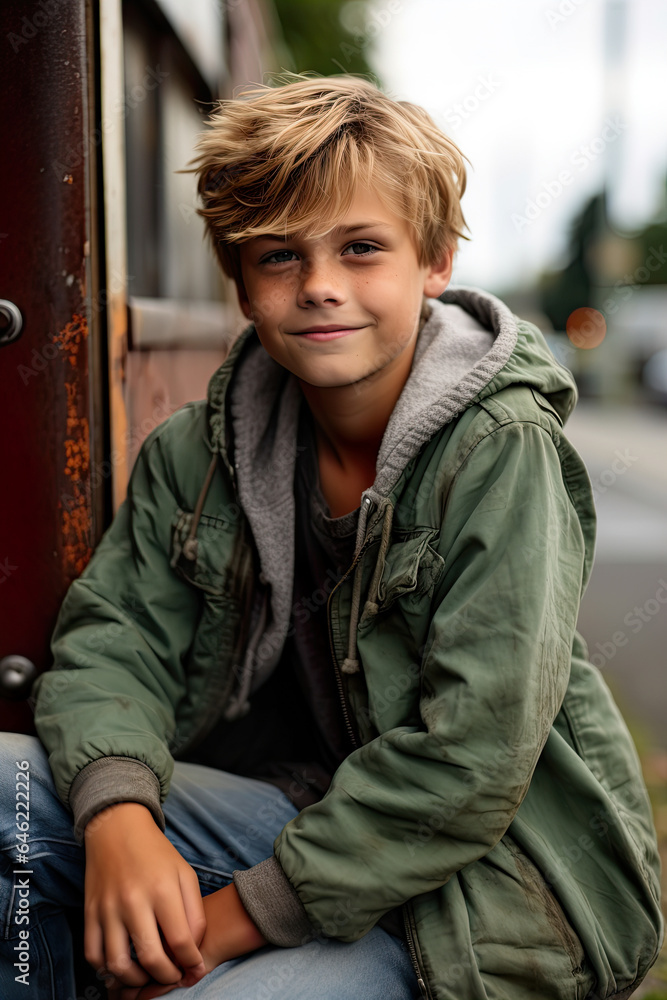 Smiling Modern American Boy, Authentic Outdoor Intensity Smiling Modern American Boy, Authentic Outdoor Intensity