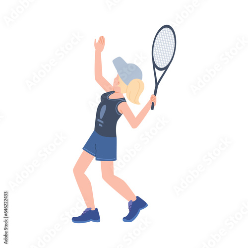 Young girl with tennis racquet looks up flat style, vector illustration © sabelskaya
