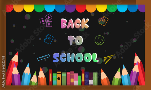 Back to School lined supplies collection,Books,paint, apple, calculator,pen,pencil, ruler. Education and study learning,Hand drawn school supplies,Vector illustration design elements on green chalkb