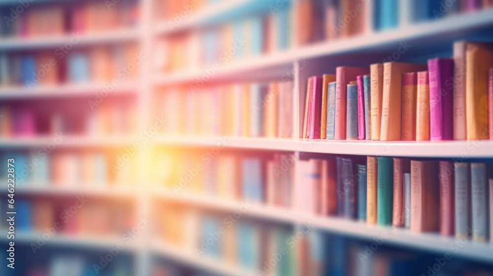 Abstract background with books on the shelves in the library with soft pastel multicolored light Abstract background with books on the shelves in the library with soft pastel multicolored light