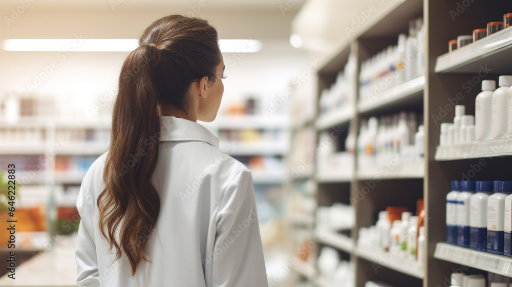 A girl pharmacist stands with her back against the background of a blurred pharmacy