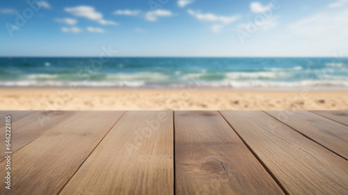 Empty wooden deck with blurred beach for product presentation