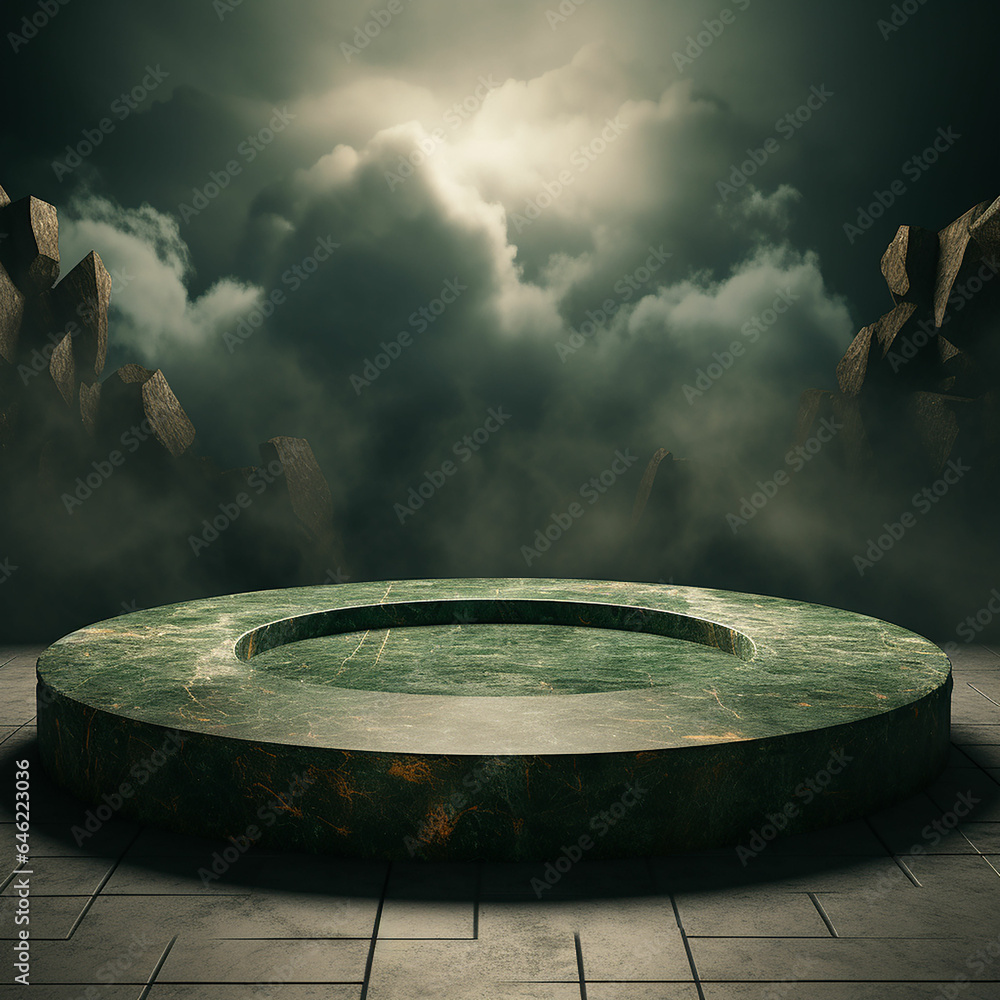Fototapeta premium stone podium on the cloudy dark green background with sunshine. Made with generative ai