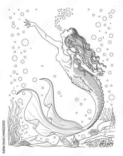 mermaid doodle coloring page illustration