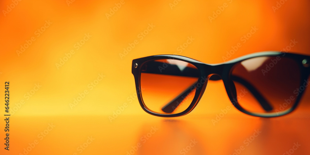 Edge of black sunglass close up, orange, yellow bokeh background Edge of black sunglass close up, orange, yellow bokeh background