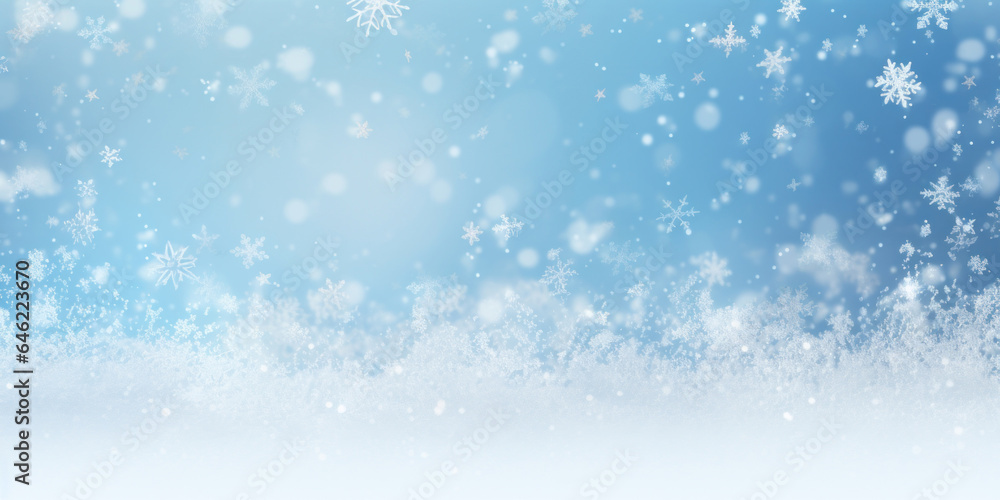 Winter snow background with snowdrifts, with beautiful light and snow flakes on the blue sky, beautiful bokeh circles, banner format, copy space