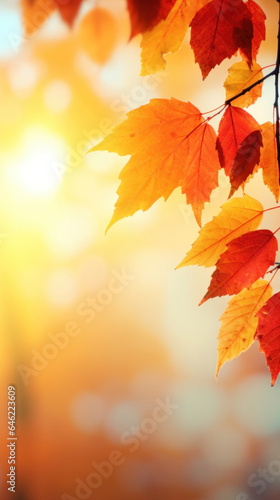 Red  orange  yellow leaves on bokeh background. Autumn wallpaper