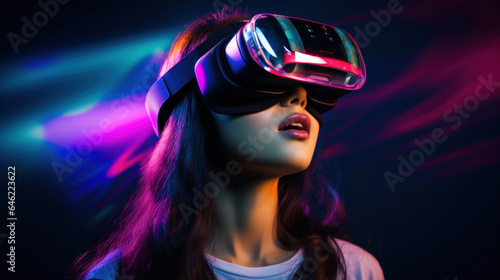 Young woman using glasses of virtual reality on dark colorful neon background © red_orange_stock