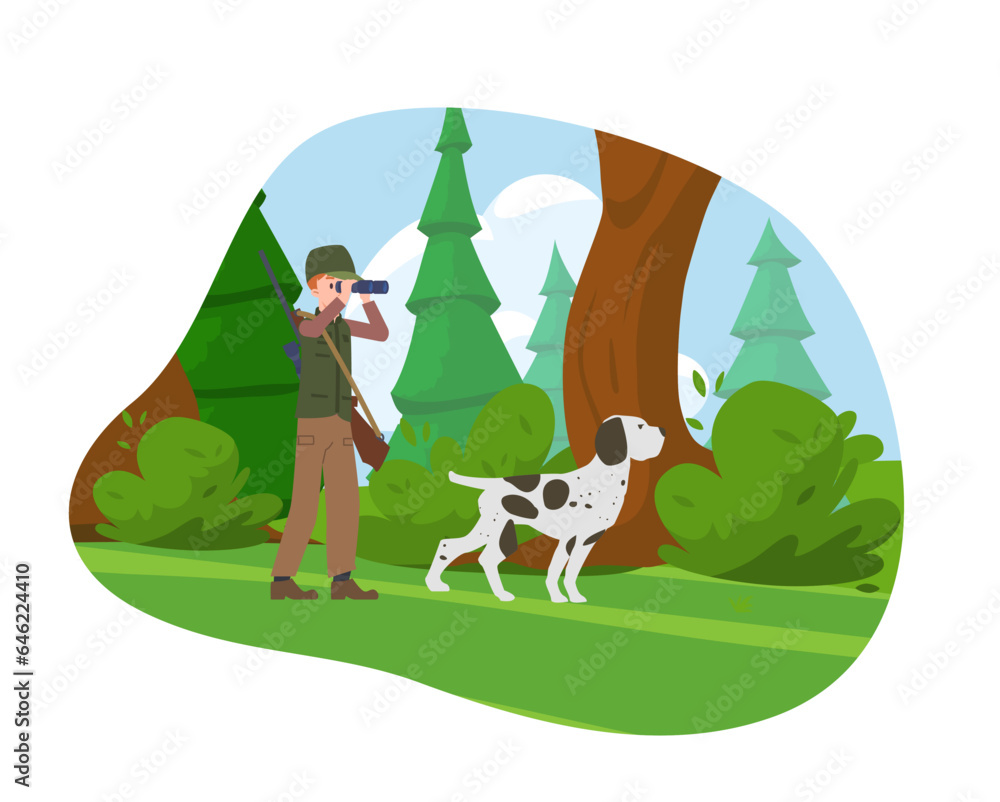 Vector illustration of man, hunter with a gun standing and looking through binoculars in camouflage, hunting with a dog in the forest, wildlife isolated on white background. Vector illustration of man, hunter with a gun standing and looking through binoculars in camouflage, hunting with a dog in the forest, wildlife isolated on white background.