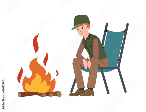 Vector illustration of pleased male, hunter sits near a fire on a chair, rests after hunting or catching fish isolated on white background