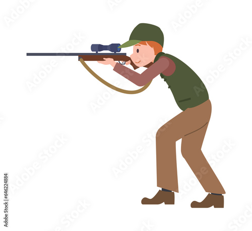 Vector cartoon illustration hunter shoot with hunting rifle, cartoon male character aiming with shotgun in bird, animal