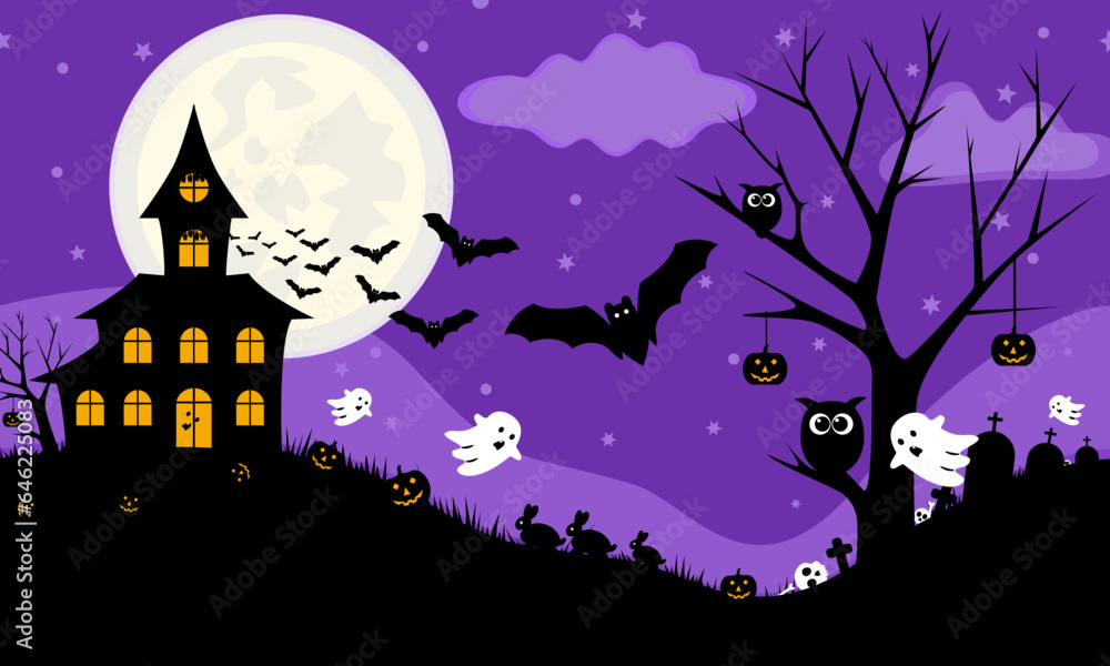 Happy purple Halloween night background in flat design. Vector Halloween Illustration.