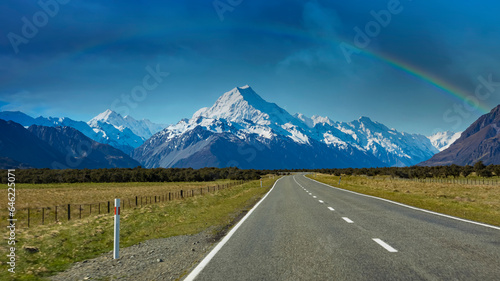 The road trip of mountain landscape view with rainbow background over Aoraki mount cook national park,New zealand