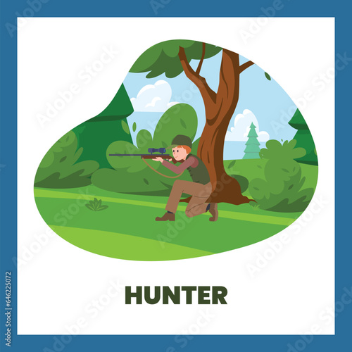 Man with rifle hunting in forest, square poster with text, cartoon flat vector illustration.