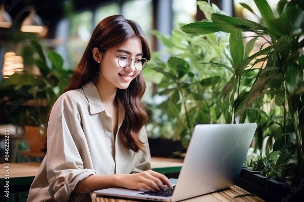 Asian japanese chinese student girl smile using notebook laptop, woman studying online hybrid learning in coworking third space Asian japanese chinese student girl smile using notebook laptop, woman studying online hybrid learning in coworking third space