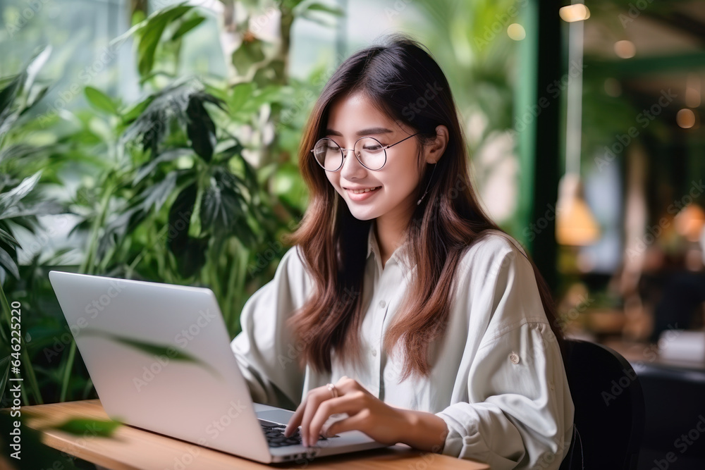 Asian japanese chinese student girl smile using notebook laptop, woman studying online hybrid learning in coworking third space