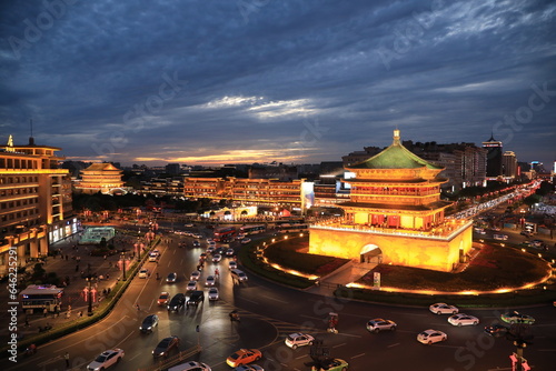 Aerial xi 'an bell tower and drum tower at night photo