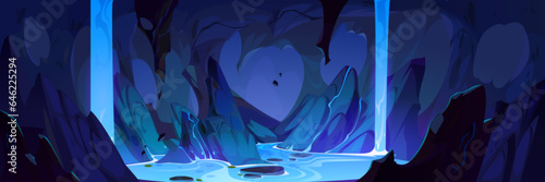 Underground waterfall and river in dark cave. Vector cartoon illustration of neon blue water streams falling down stone walls into magic lake inside mountain, underworld adventure game background