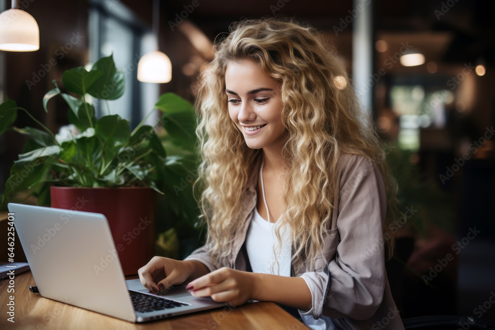 Blonde long hair student girl smile using notebook laptop, woman study online hybrid learning in coworking third space Blonde long hair student girl smile using notebook laptop, woman study online hybrid learning in coworking third space