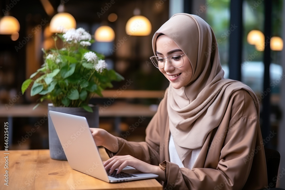 Arabian hijab student girl smile using laptop, study online hybrid learning Arabian hijab student girl smile using laptop, study online hybrid learning