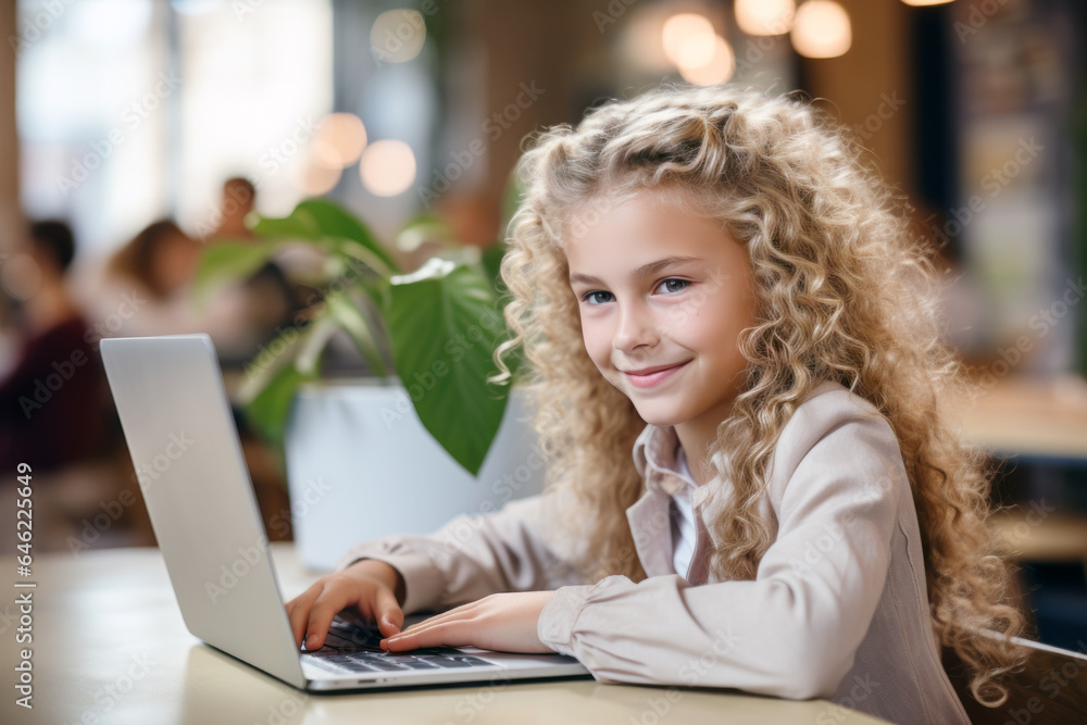 Blonde student girl smile using laptop, study online hybrid learning Blonde student girl smile using laptop, study online hybrid learning