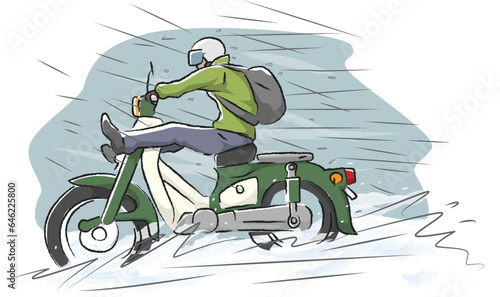 雨の中を走るバイクのイラスト