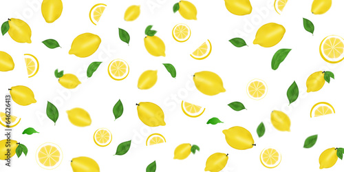 Background with lemons and leaves and blurred. bright Bright light pattern with 3D Fresh lemons for fabric, label application, t-shirt print, wallpaper, backgrounds