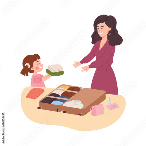 Cute little girl helping her mother packing suitcase, flat vector illustration isolated on white background.