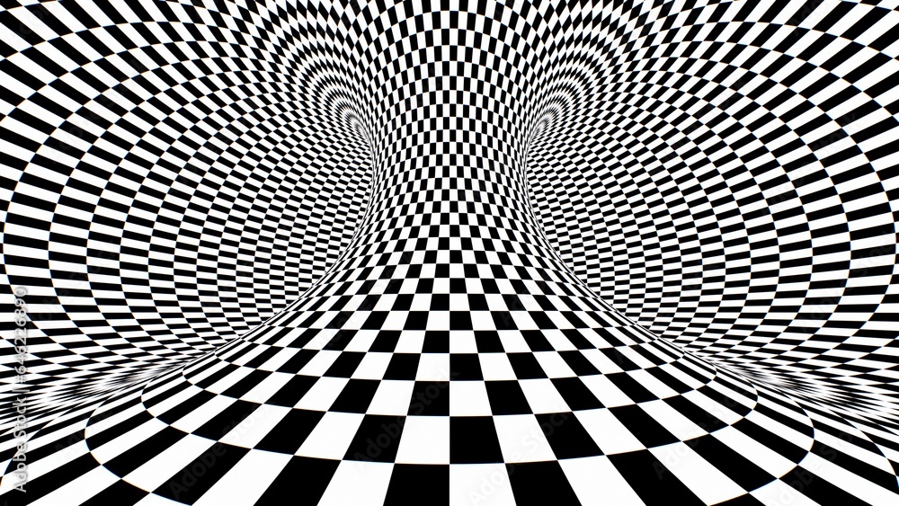 Naklejka premium Black And White Optical Illusion Moving Checkerboard Pattern 3D Torus - Abstract Background Texture