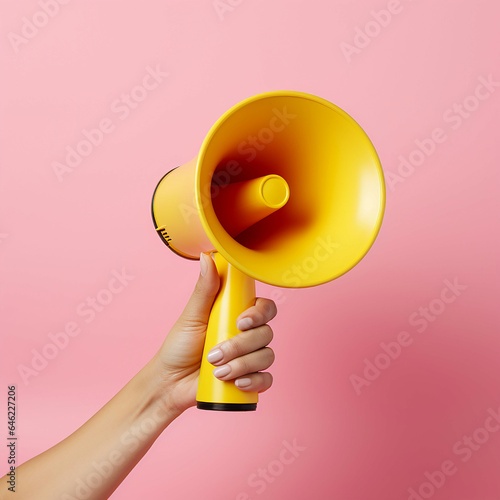 A woman's hand holding a pink megaphone isolated on a yellow background. Creative announcement concept. Loud voice of women. Women's rights and voice. Made with generative ai