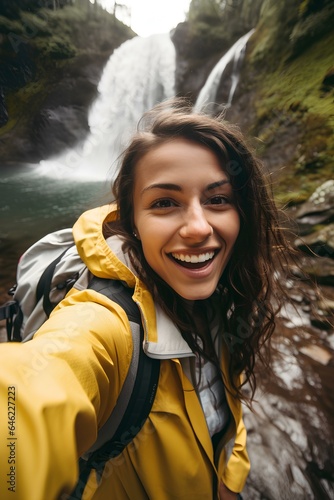 happy young woman tourist visiting national park taking selfie picture in front of waterfall, Traveling life style concept, enjoying freedom in the nature. generative AI © yj
