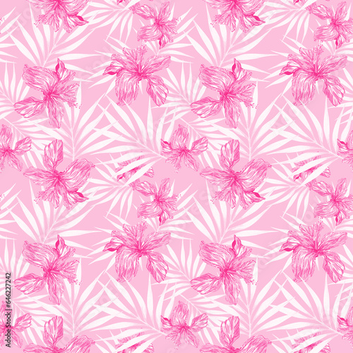 Pink watercolor tropical floral seamless pattern with hibiscus flowers