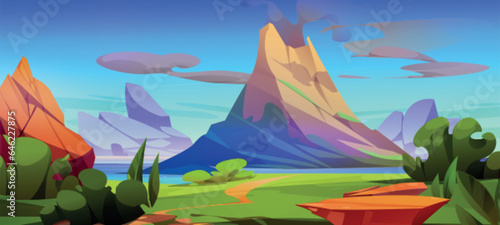 Cartoon volcano and prehistoric landscape background. Jurassic mountain scene with active volcanic eruption period drawing. Tropical nature environment with river, geology boulder and green grass
