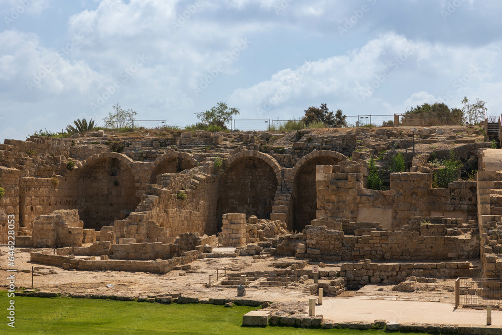 Roman ruins with arches in Caesarea  National Park, Caesarea, Israel.